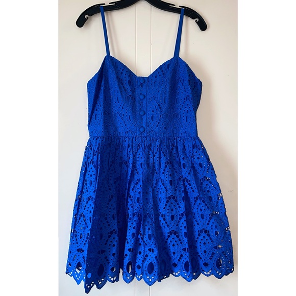 Alice + Olivia Nella Embroidered Blue Eyelet Flared Mini Dress - Picture 6 of 15